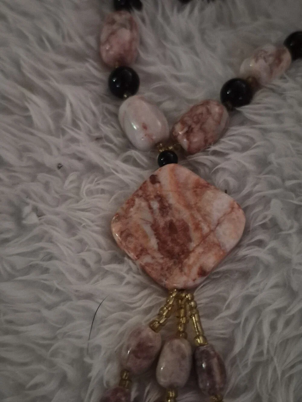 Pink Stone Beaded Pendant Necklace - Women Jewelry Black Onix And Shells. Heavy